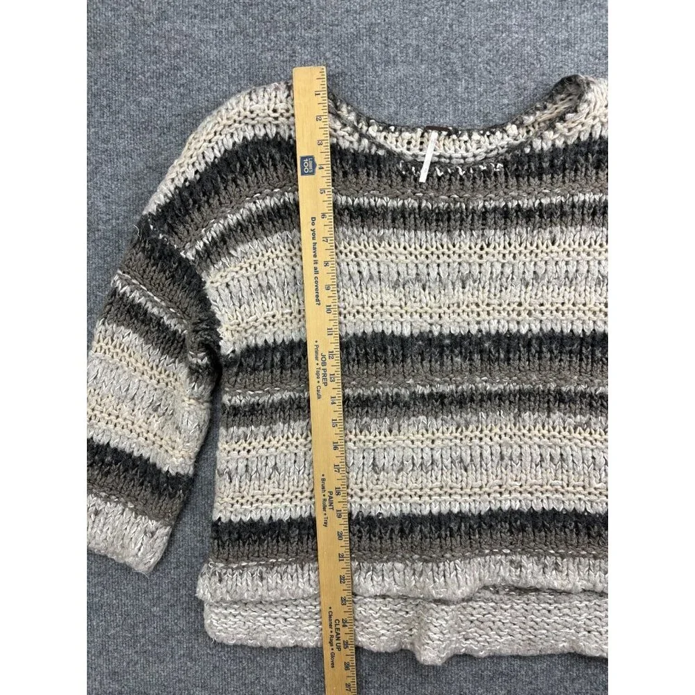 Free People Cream and Gray Striped Knit Scoop Neck Sweater